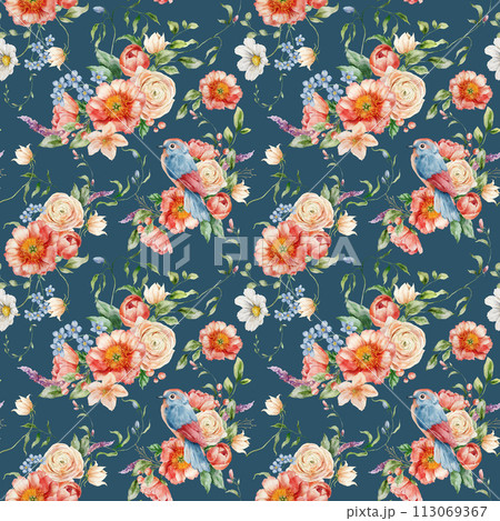 Watercolor floral seamless pattern of forget-me-not, ranunculi, peonies and song bird. Hand painted composition isolated on dark blue background. Flowers Illustration for interior design or print. 113069367