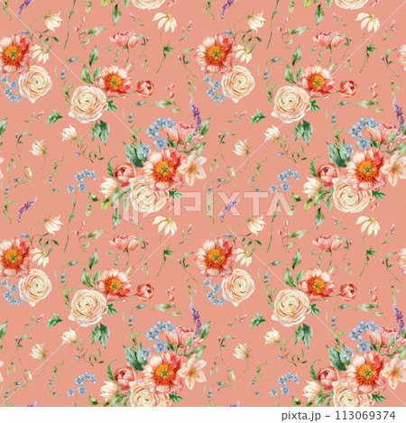 Watercolor coral seamless pattern of peony, ranunculus and leaves. Hand painted floral composition isolated on pink background. Flower illustration for interior design, print, fabric and background. 113069374