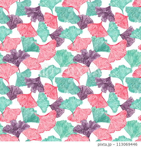 Seamless pattern with multicolor gingko leaves. Turquoise, pink, brown biloba. Ornate isolated on white background. Ginkgo, palm, dry abstract fan leaves. Watercolor illustration of silhouettes 113069446