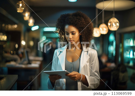 Confident Female Doctor Using Tablet PC in a Modern Hospital Corridor 113069599
