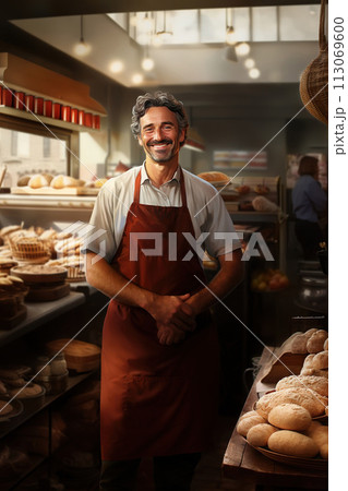 Confident Baker Standing in Artisan Bakery Full of Fresh Bread Confident Baker Standing in Artisan Bakery Full of Fresh Bread 113069600