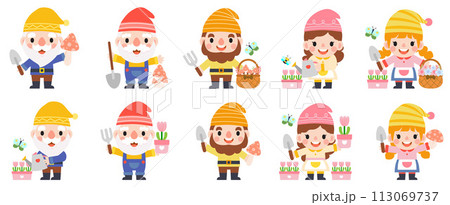 Garden Gnome and Woman cartoon, Gardening and Spring, Garden tools and decor collection Garden Gnome and Woman cartoon, Gardening and Spring, Garden tools and decor collection 113069737