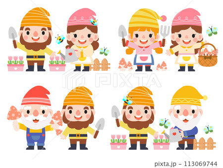 Garden Gnome and Woman cartoon, Gardening and Spring, Garden tools and decor collection 113069744