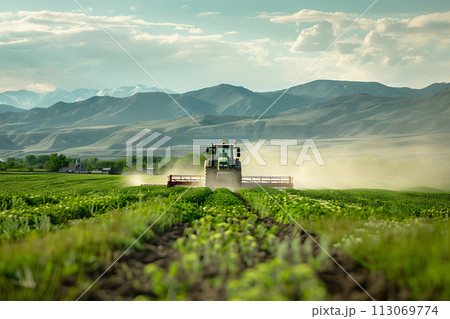 irrigation tractor driving spraying or harvesting an agricultural crop irrigation tractor driving spraying or harvesting an agricultural crop 113069774