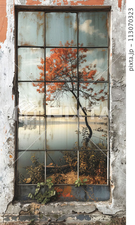 Autumn's Embrace Serene View of Fall Foliage Through Forgotten Windows Autumn's Embrace Serene View of Fall Foliage Through Forgotten Windows 113070323