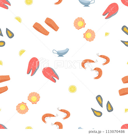 Seamless pattern Seafood icons elements. Vector illustration of sea delicacies and sea cuisine. 113070486