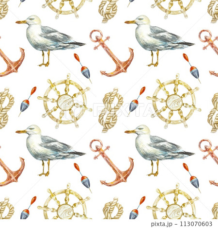 Seagull, anchor, helm, rope, float watercolor seamless pattern. Hand drawn illustration for wrapping paper, covers, wallpaper, fabric, beachwear. 113070603