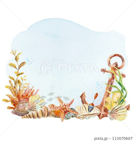 Shells, corals, algae, starfish, anchor. Bottom of the sea. Template for inserting text. Hand drawn watercolor illustration for cards, invitations. 113070607