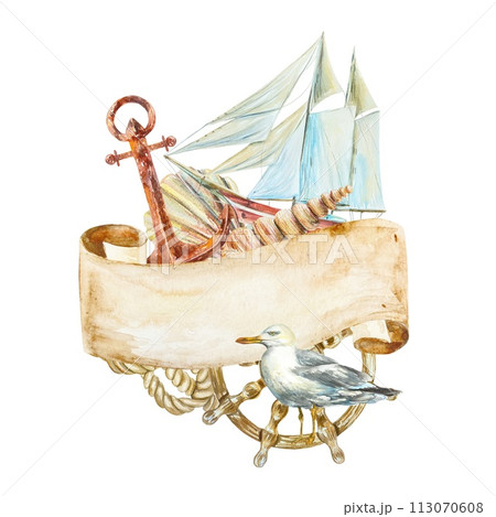 Ship, seagull, shells, steering wheel, anchor on a white background. Banner for text. Watercolor illustration for cards, invitations, nautical posters 113070608