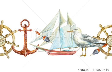 Ship, seagull, helm, anchor, float watercolor seamless border. Hand drawn illustration for wrapping paper, covers, scrapbooking, wallpaper, ribbon. Ship, seagull, helm, anchor, float watercolor seamless border. Hand drawn illustration for wrapping paper, covers, scrapbooking, wallpaper, ribbon. 113070619