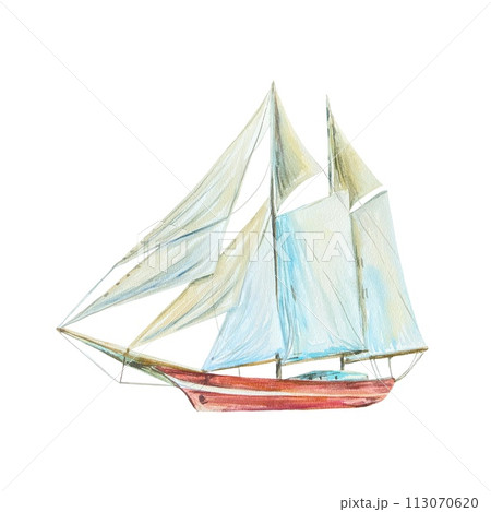 Ship, watercolor, isolated on a white background. Hand drawn sailboat illustration for cards, invitations, nautical posters. Day of the Seafarer. 113070620