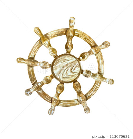 Marine helm isolated on a white background. Hand drawn watercolor illustration for cards, invitations, nautical posters, covers. Day of the Seafarer. 113070621