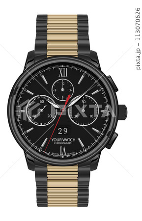 Realistic clock chronograph watch for men black steel gold white number red arrow on isolated background luxury vector 113070626