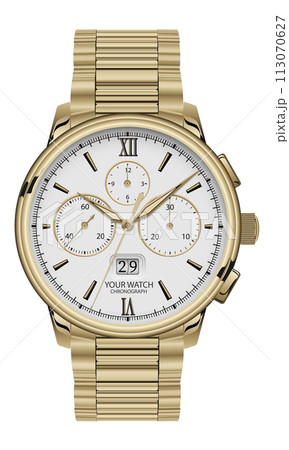 Realistic clock chronograph watch for men gold grey face black number on white background luxury vector 113070627