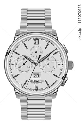 Realistic clock chronograph watch for men silver grey face black arrow on white background luxury vector illustration. 113070628