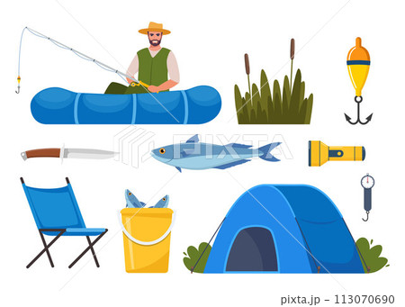 Equipment and tools for fishing. Fishing rod, float, inflatable rubber boat, landing net, fishers clothes, hook, fish, hat, flashlight, boots. Outdoor activity, recreation, hobby. Vector illustration. Equipment and tools for fishing. Fishing rod, float, inflatable rubber boat, landing net, fishers clothes, hook, fish, hat, flashlight, boots. Outdoor activity, recreation, hobby. Vector illustration. 113070690