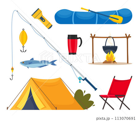 Equipment and tools for fishing. Fishing rod, float, inflatable rubber boat, landing net, fishers clothes, hook, fish, hat, flashlight, boots. Outdoor activity, recreation, hobby. Vector illustration. Equipment and tools for fishing. Fishing rod, float, inflatable rubber boat, landing net, fishers clothes, hook, fish, hat, flashlight, boots. Outdoor activity, recreation, hobby. Vector illustration. 113070691