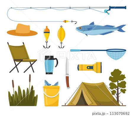 Equipment and tools for fishing. Fishing rod, float, inflatable rubber boat, landing net, fishers clothes, hook, fish, hat, flashlight, boots. Outdoor activity, recreation, hobby. Vector illustration. Equipment and tools for fishing. Fishing rod, float, inflatable rubber boat, landing net, fishers clothes, hook, fish, hat, flashlight, boots. Outdoor activity, recreation, hobby. Vector illustration. 113070692