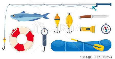 Equipment and tools for fishing. Fishing rod, float, inflatable rubber boat, landing net, fishers clothes, hook, fish, hat, flashlight, boots. Outdoor activity, recreation, hobby. Vector illustration. 113070693