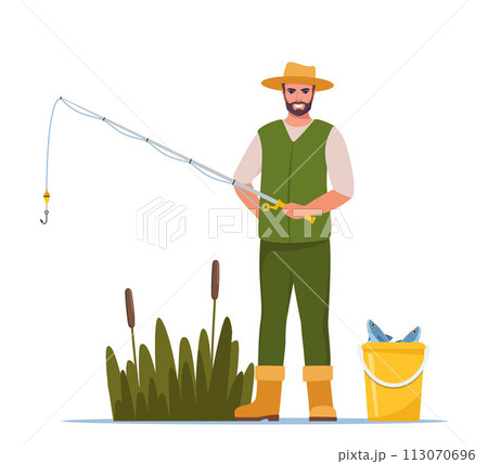Man fishing. Fisherman with fishing rod, fish in bucket. Man in vest and hat. Guy waiting for catch a fish. Outdoor recreation, leisure time. Vector illustration. Man fishing. Fisherman with fishing rod, fish in bucket. Man in vest and hat. Guy waiting for catch a fish. Outdoor recreation, leisure time. Vector illustration. 113070696
