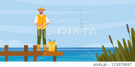 Man fishing. Fisherman at lake or river. Man in vest and hat. Guy waiting for catch a fish. Outdoor recreation, leisure time. Vector illustration. Man fishing. Fisherman at lake or river. Man in vest and hat. Guy waiting for catch a fish. Outdoor recreation, leisure time. Vector illustration. 113070697