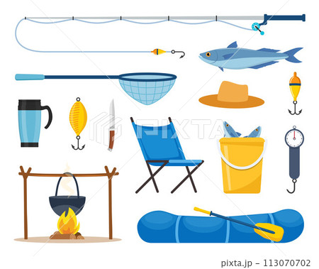 Equipment and tools for fishing. Fishing rod, float, inflatable rubber boat, landing net, fishers clothes, hook, fish, hat, flashlight, boots. Outdoor activity, recreation, hobby. Vector illustration. Equipment and tools for fishing. Fishing rod, float, inflatable rubber boat, landing net, fishers clothes, hook, fish, hat, flashlight, boots. Outdoor activity, recreation, hobby. Vector illustration. 113070702