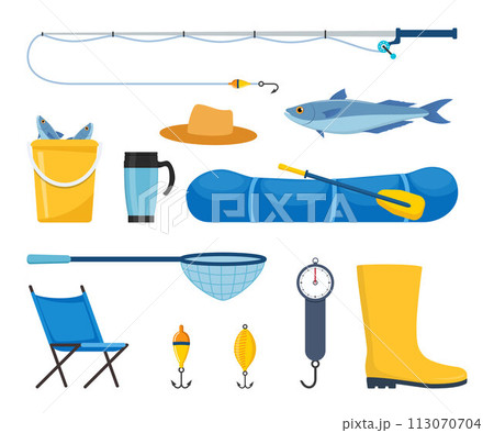 Equipment and tools for fishing. Fishing rod, float, inflatable rubber boat, landing net, fishers clothes, hook, fish, hat, flashlight, boots. Outdoor activity, recreation, hobby. Vector illustration. Equipment and tools for fishing. Fishing rod, float, inflatable rubber boat, landing net, fishers clothes, hook, fish, hat, flashlight, boots. Outdoor activity, recreation, hobby. Vector illustration. 113070704
