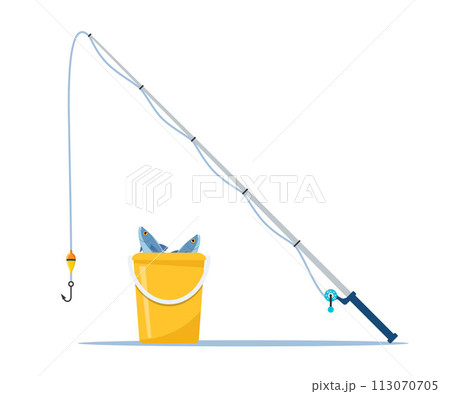 Fishing rod with fishing line, reel, hook and float. Bucket of fish. Fishing equipment. Tool for recreational sports. Vector illustration. 113070705
