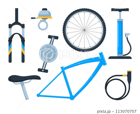 Bicycle equipment and parts, set of icons, symbols and design elements. Sport bike repair components. Vector illustration. 113070707