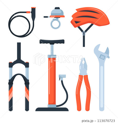Bicycle equipment and parts, set of icons, symbols and design elements. Sport bike repair components. Vector illustration. 113070723