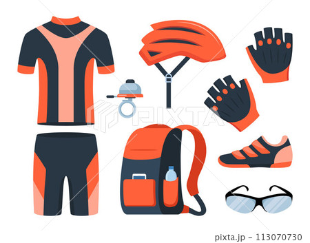 Bicycle set. Bike equipment. Cyclist gear, sportswear for biker, track accessories for extreme sport training isolated on white. Vector illustration. 113070730