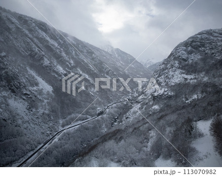 Snowy weather in the mountain forest, Cold weather Snowy weather in the mountain forest, Cold weather 113070982