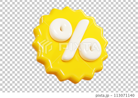 Yellow starburst sticker with percent sign floating in air. 3D render illustration of round sunburst label with sale and discount sign for promotion. Flying in different angles badge icon. 113071140