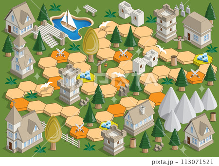 Board game on a medieval theme. Isometric. Vector illustration. Board game on a medieval theme. Isometric. Vector illustration. 113071521