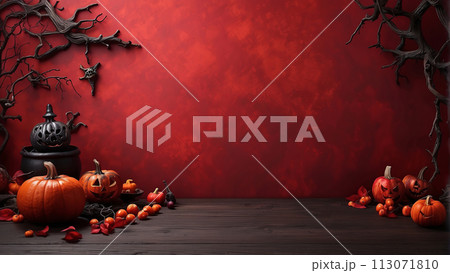 Halloween Pumpkins on dark red background with...のイラスト素材 [113071810 ...