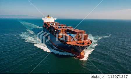 Aerial view container cargo ship, import export commerce business trade logistic and transportation of International by container cargo ship boat in the open sea, Freight shipping maritime. 113071837