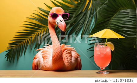 Pink flamingo with sunglasses near the palm tree on bright summer background 113071838