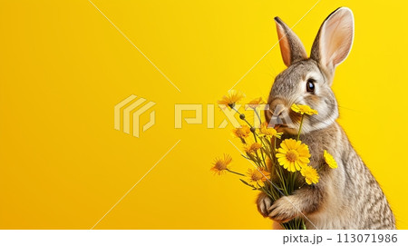 Easter greeting card, fluffy rabbit with bouquet of flowers on yellow background, copy space 113071986