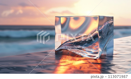 water in a glass cube at ocean sunset , concept of Glassmorphism 113071987