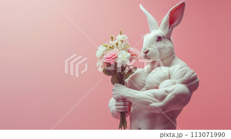 Easter rabbit bodybuilder in with bouquet of flowers on pink sunny background, copy space. Sporty rabbit 113071990