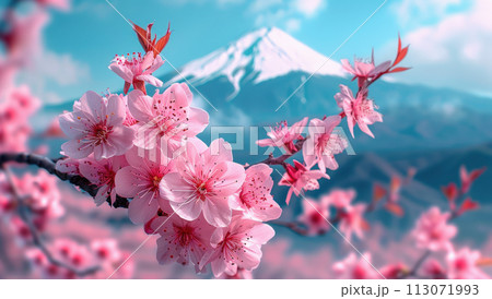 A pink cherry blossom tree with Mount Fuji in the background, a springtime landscape of Japan 113071993
