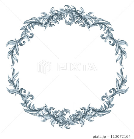 Watercolor monochrome gray round frame of abstract plant patterns and branches with leaves for borders, frames, background, textiles, fabrics, cards, stickers, scrapbooking, invitations, greetings Watercolor monochrome gray round frame of abstract plant patterns and branches with leaves for borders, frames, background, textiles, fabrics, cards, stickers, scrapbooking, invitations, greetings 113072164