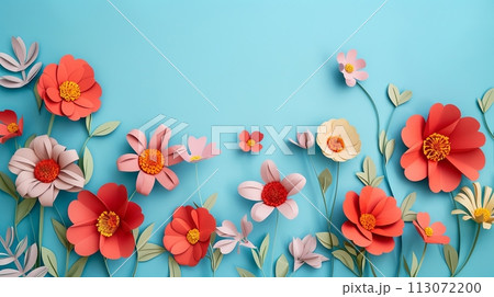 red Paper flowers on blue background with copy space. Abstract natural floral layout. Wedding invitation. International Women day, Mother Day concept red Paper flowers on blue background with copy space. Abstract natural floral layout. Wedding invitation. International Women day, Mother Day concept 113072200