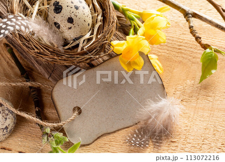 Easter blank cardboard tag, quail eggs, feathers, twigs with spring leaves, narcissuses. Mock up. 113072216