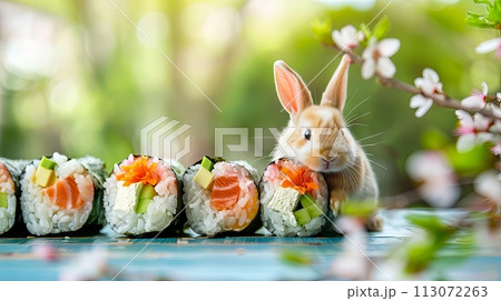 Easter bunny with sushi, green nature background with flowers, copy space Easter bunny with sushi, green nature background with flowers, copy space 113072263