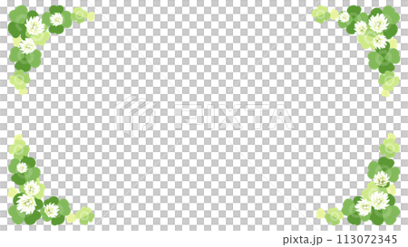 四つ葉のクローバーとシロツメクサの花のフレーム(括弧)、アスペクト比16:9 四つ葉のクローバーとシロツメクサの花のフレーム(括弧)、アスペクト比16:9 113072345