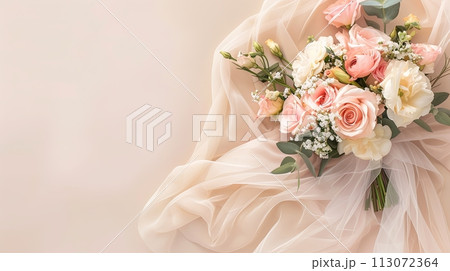Wedding bouquet made of pastel roses on a white background with copy space 113072364