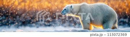 panoramic landscape with polar white bear in Arctic ice in winter at sunny day 113072369