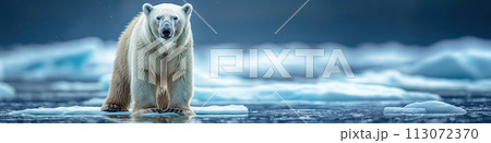 white polar bear in Arctic ice near ocean water in winter 113072370