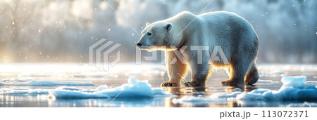 wild white polar bear in Arctic ice near ocean water in winter on sunny day 113072371